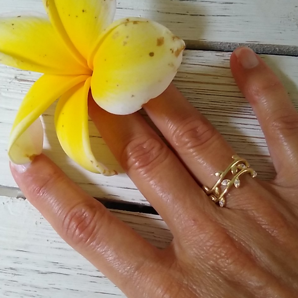 Vermeil Y.G. /Leafs /Clear Crystals/Size#7/Ring